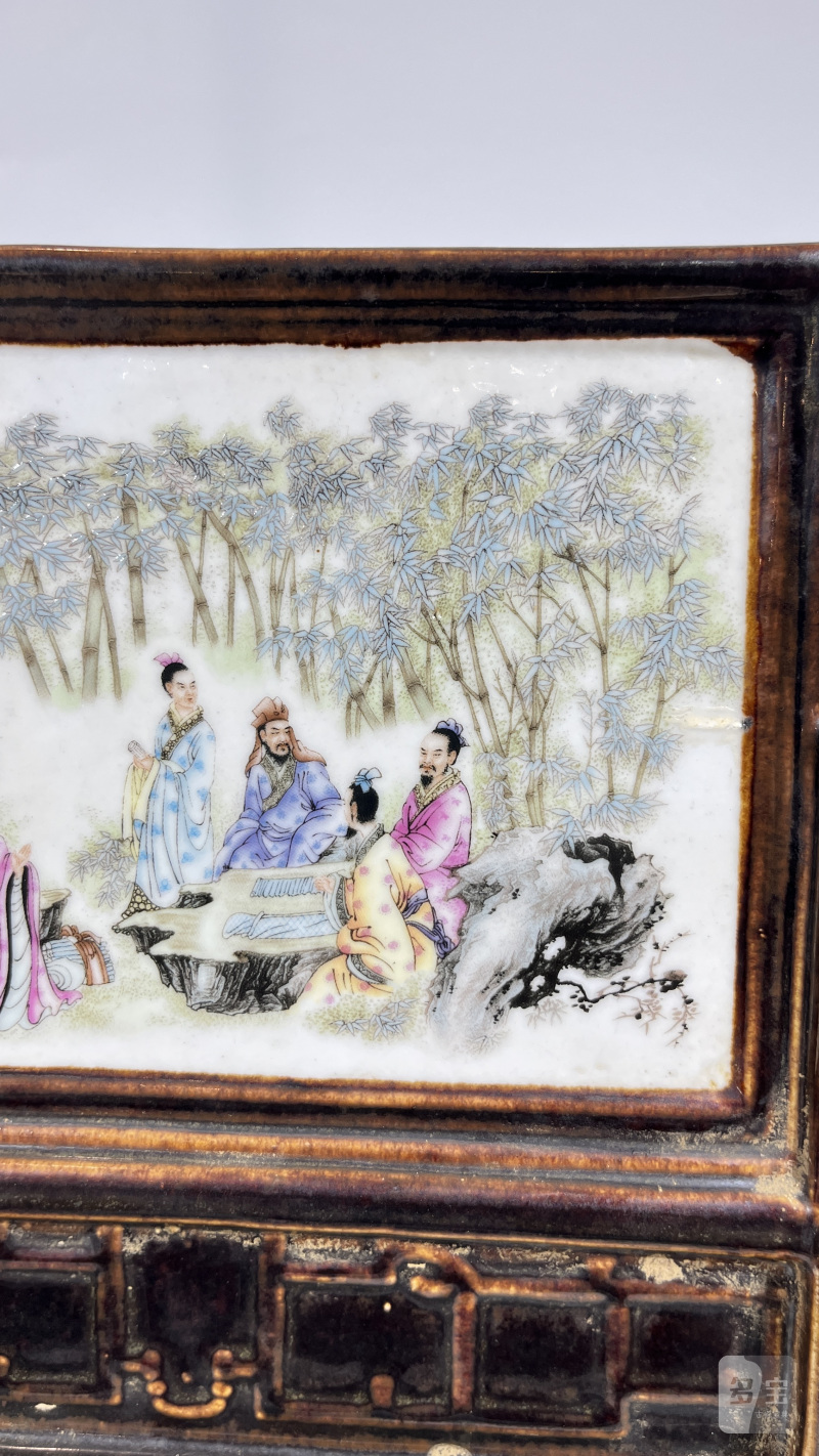 民国 新粉彩竹林七贤插屏 - 图3